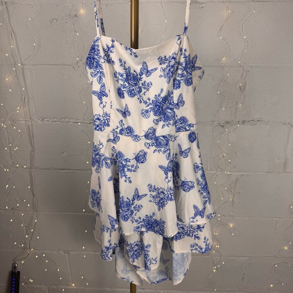 poéselle women’s L blue white floral butterfly ruffle romper tie back